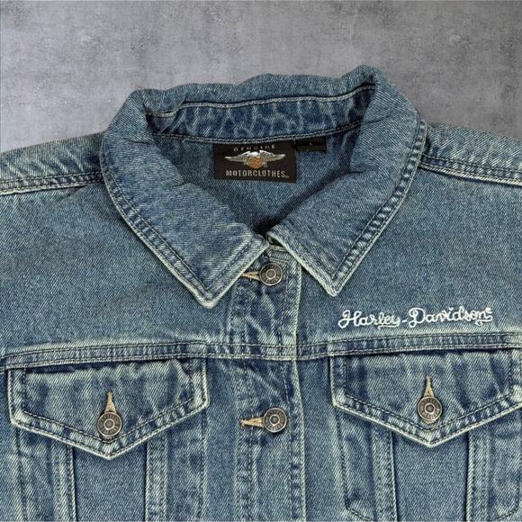 Harley Davidson Motor Clothes Denim Jacket Women's Large Blue Embroidered Patch - Picture 5 of 11